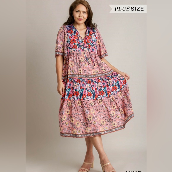 NWT Umgee Boutique Boho Berry Pink Hippy Floral Print Dress Plus XL-2X - Picture 5 of 9